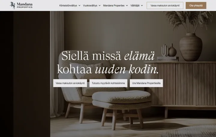 Mandana Propertiesin verkkosivuston etusivu